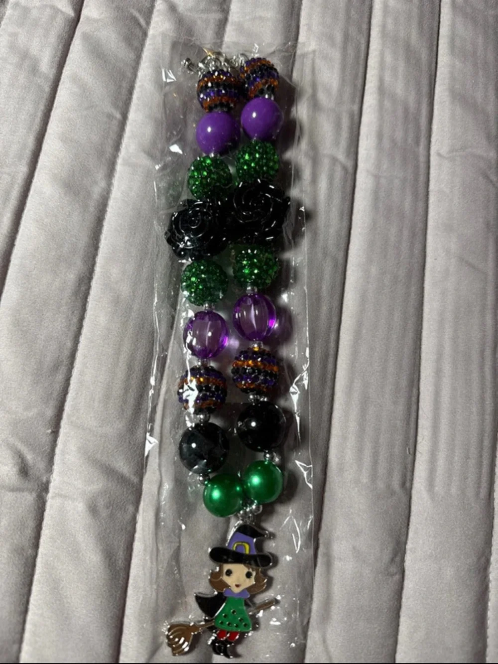Kids Halloween Witch Beaded Necklace - Purple & Green
